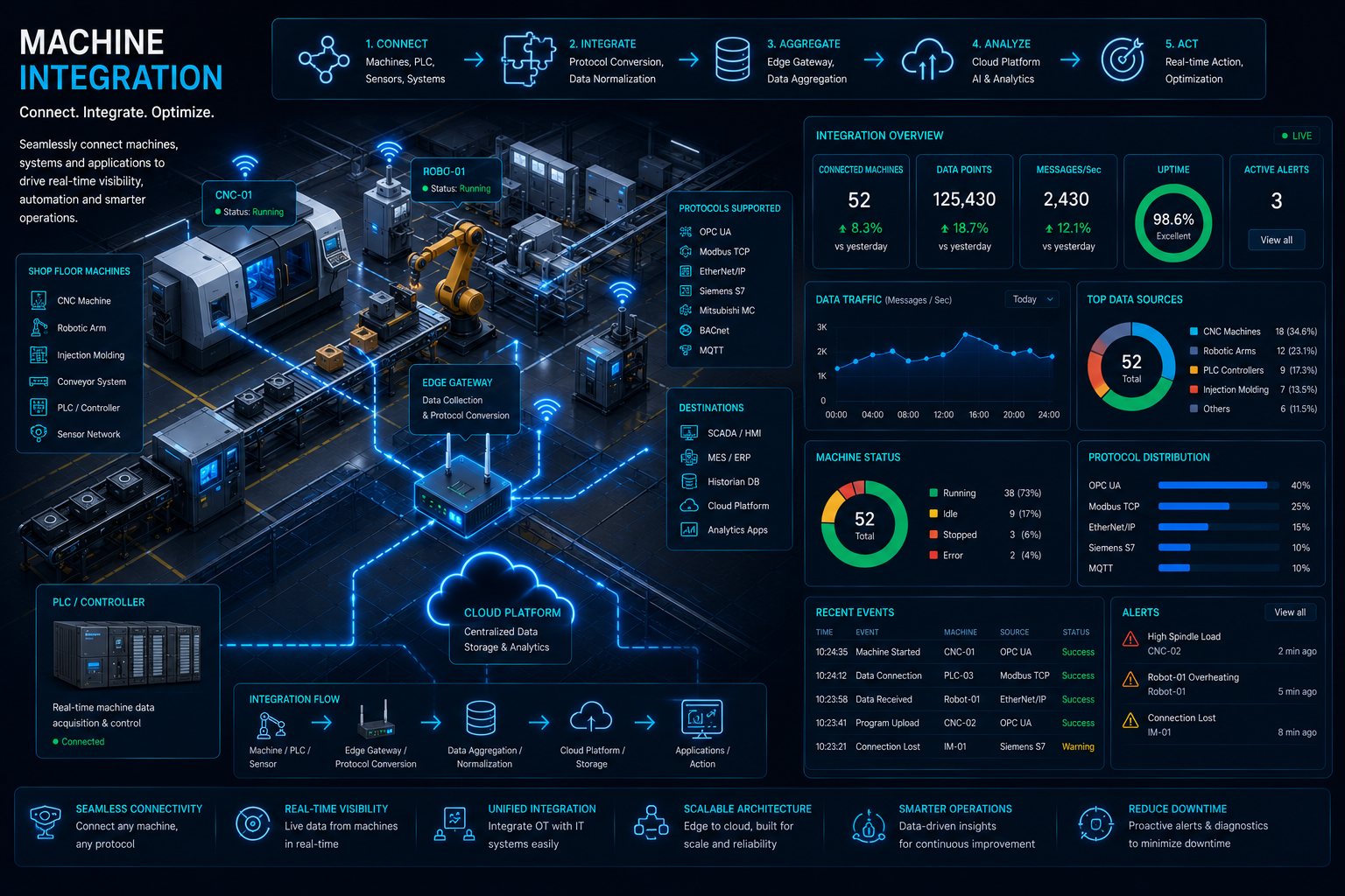Machine integration hub connecting industrial equipment