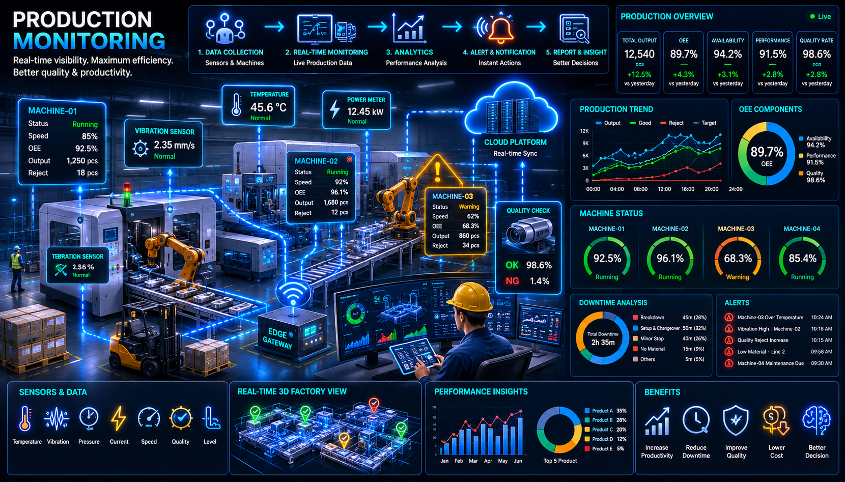 Production monitoring dashboard on a factory floor