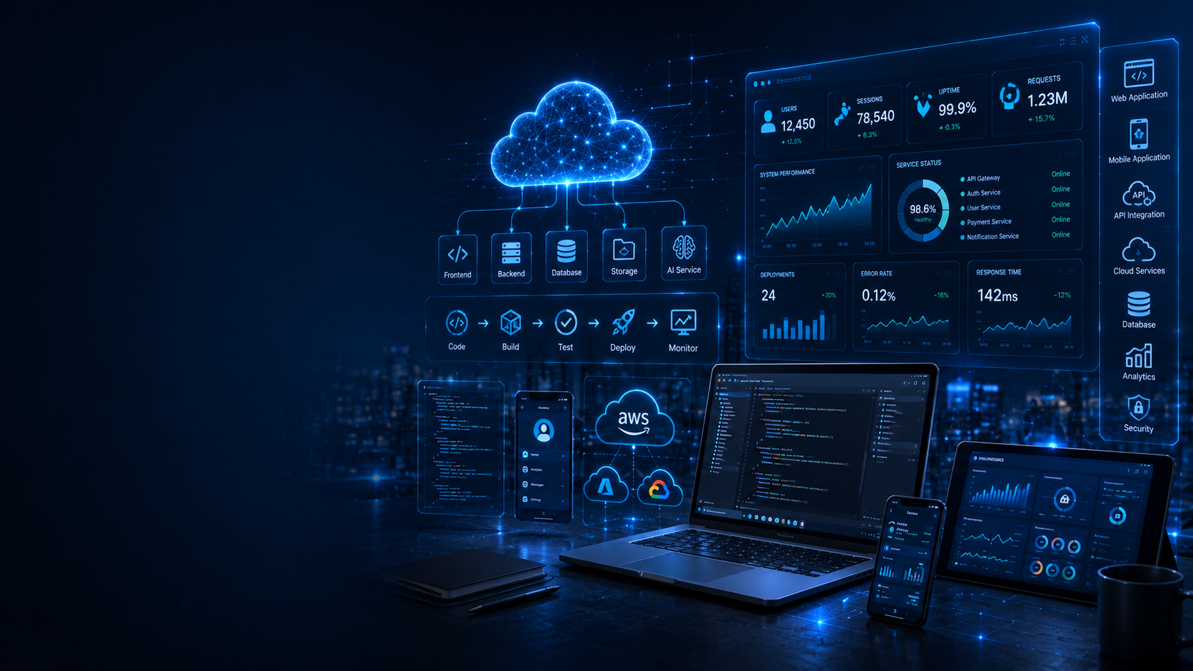 Software development workspace with cloud architecture diagrams
